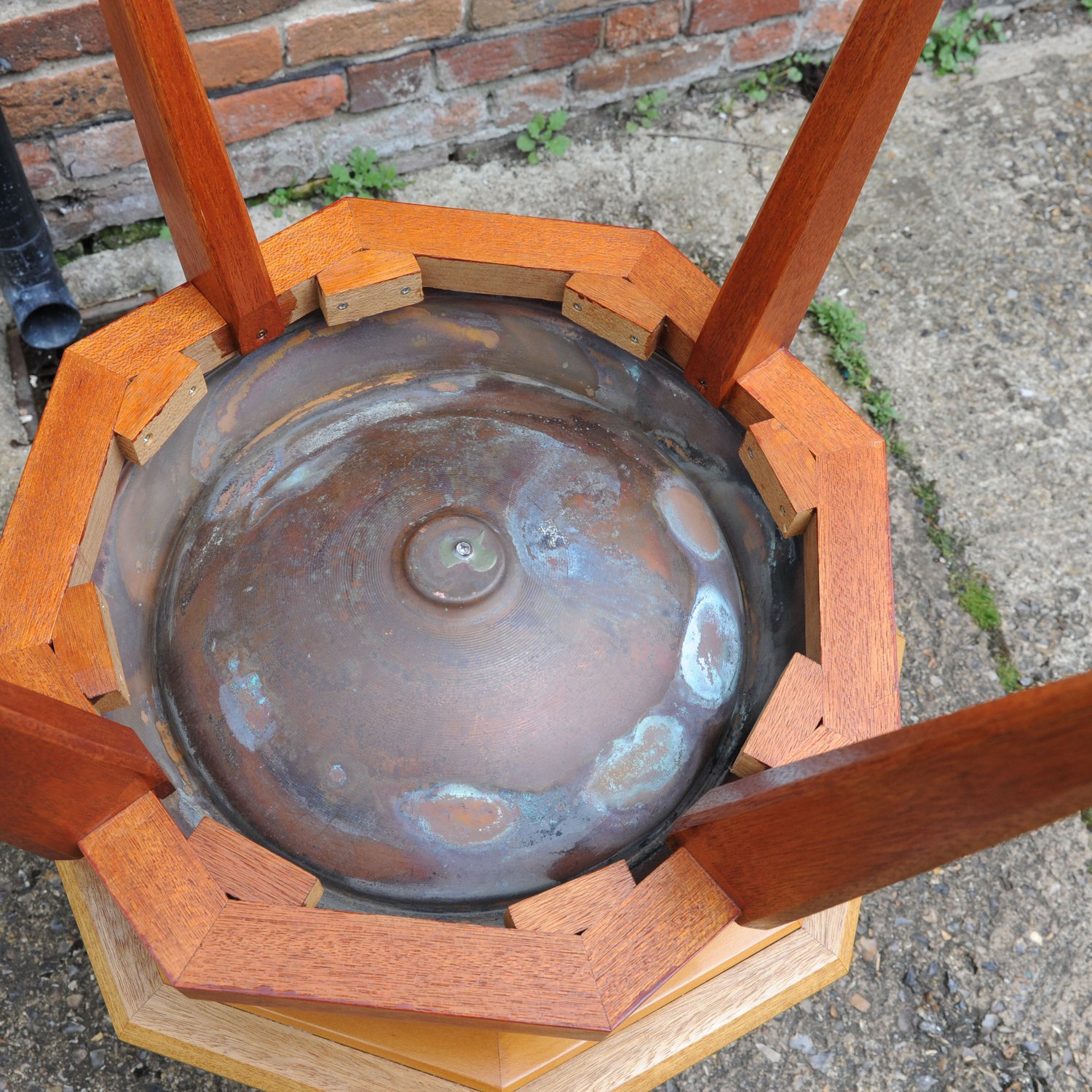 Octagonal Wooden Tables With Spun Copper Concave Tops, 1980s