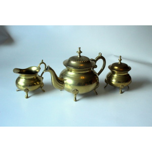 Metal teapot gold plated, inside silver plated, with milk pot and sugar bowl as a set, vintage from the 70s