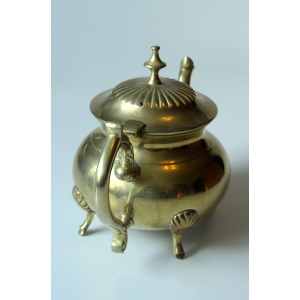 Metal teapot gold plated, inside silver plated, with milk pot and sugar bowl as a set, vintage from the 70s