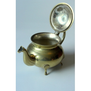 Metal teapot gold plated, inside silver plated, with milk pot and sugar bowl as a set, vintage from the 70s