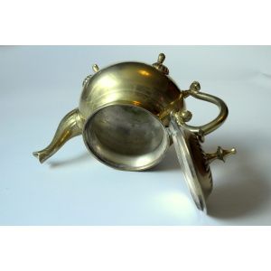 Metal teapot gold plated, inside silver plated, with milk pot and sugar bowl as a set, vintage from the 70s