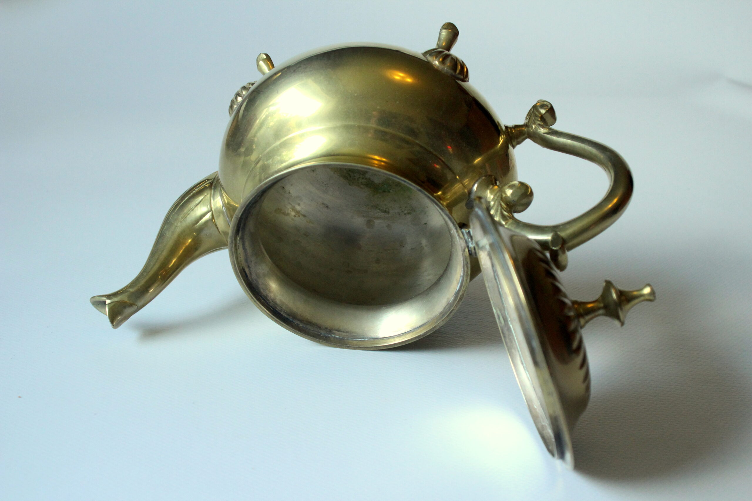 Metal teapot gold plated, inside silver plated, with milk pot and sugar bowl as a set, vintage from the 70s