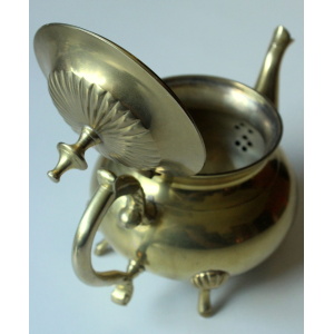 Metal teapot gold plated, inside silver plated, with milk pot and sugar bowl as a set, vintage from the 70s