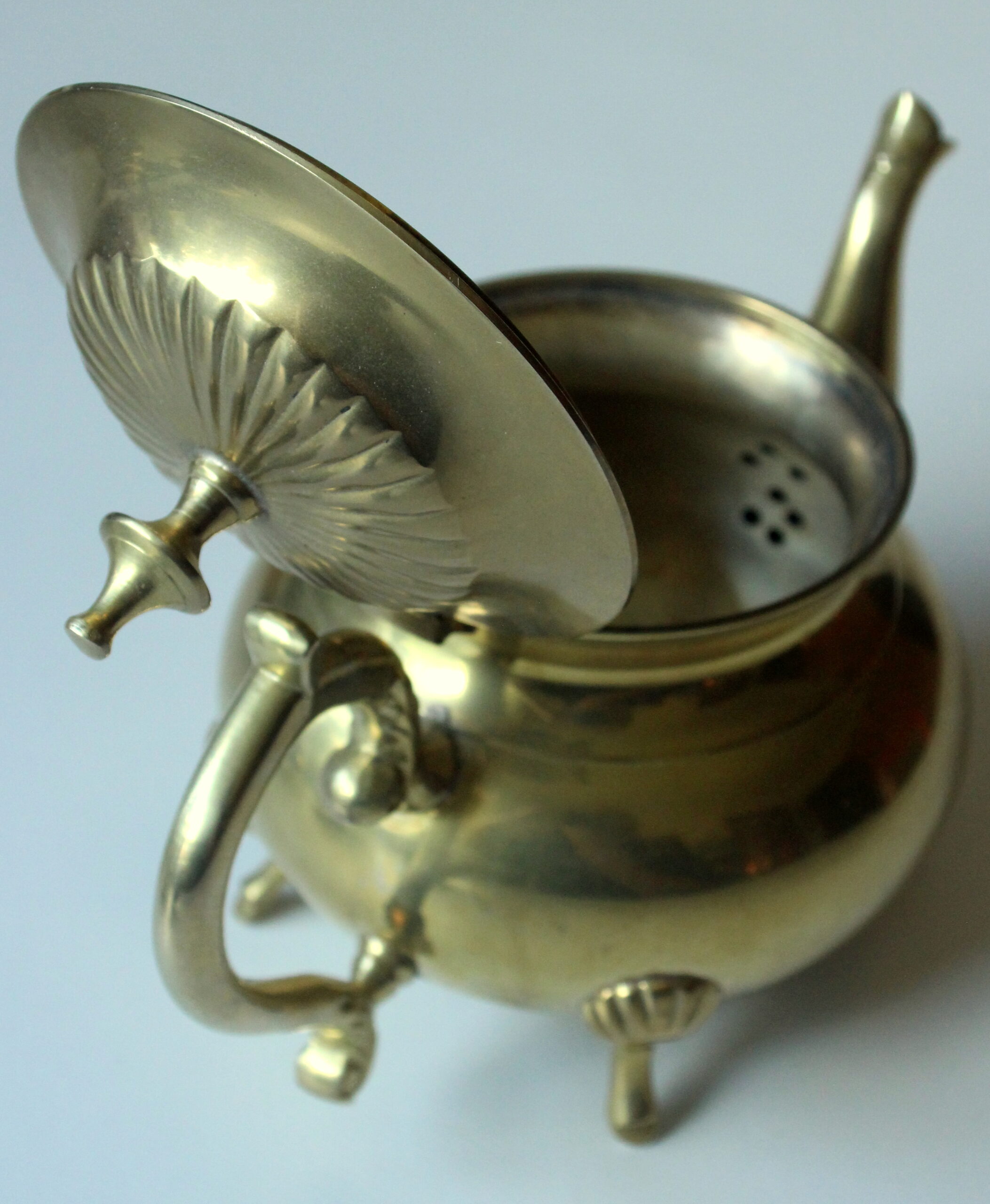 Metal teapot gold plated, inside silver plated, with milk pot and sugar bowl as a set, vintage from the 70s