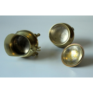 Metal teapot gold plated, inside silver plated, with milk pot and sugar bowl as a set, vintage from the 70s
