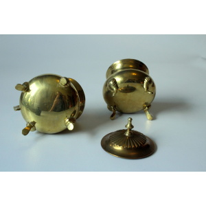 Metal teapot gold plated, inside silver plated, with milk pot and sugar bowl as a set, vintage from the 70s