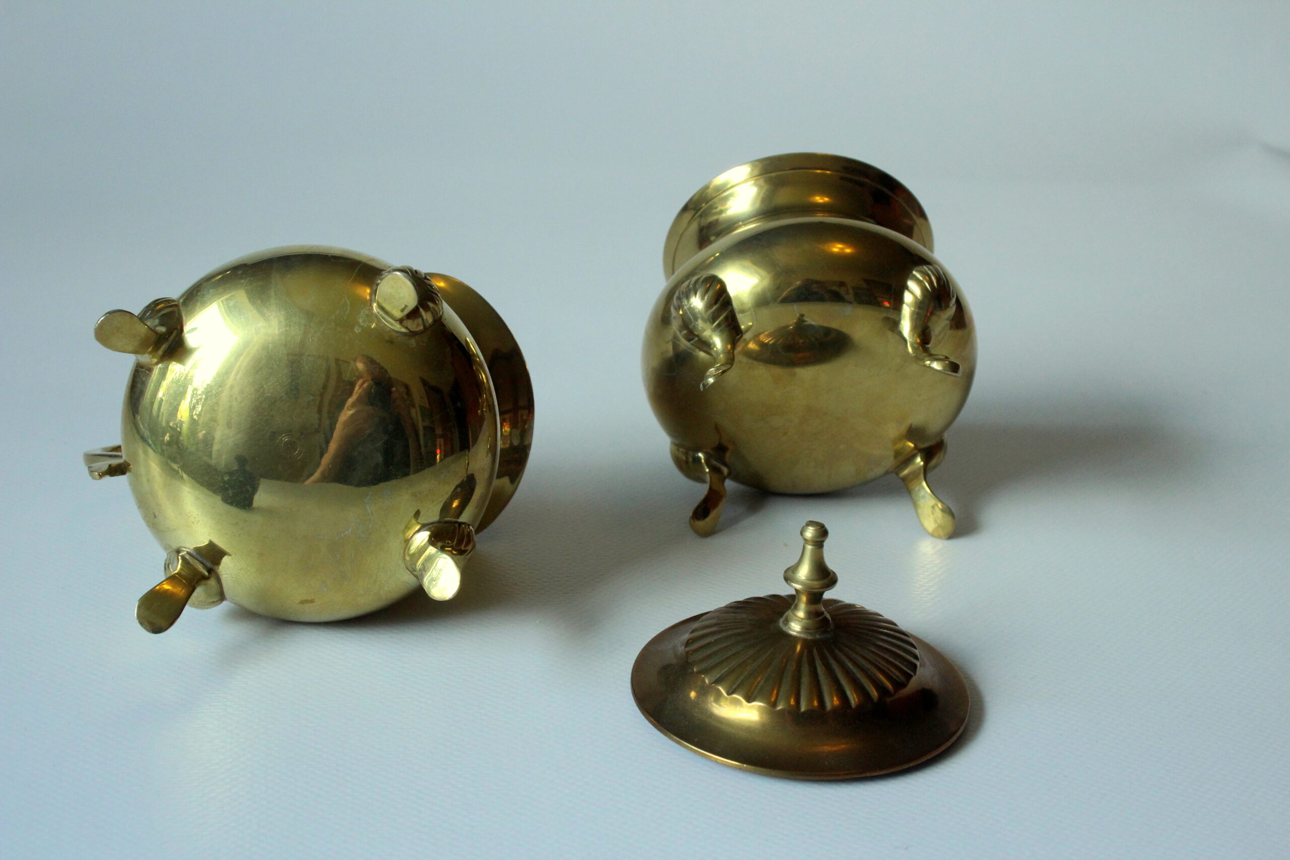 Metal teapot gold plated, inside silver plated, with milk pot and sugar bowl as a set, vintage from the 70s