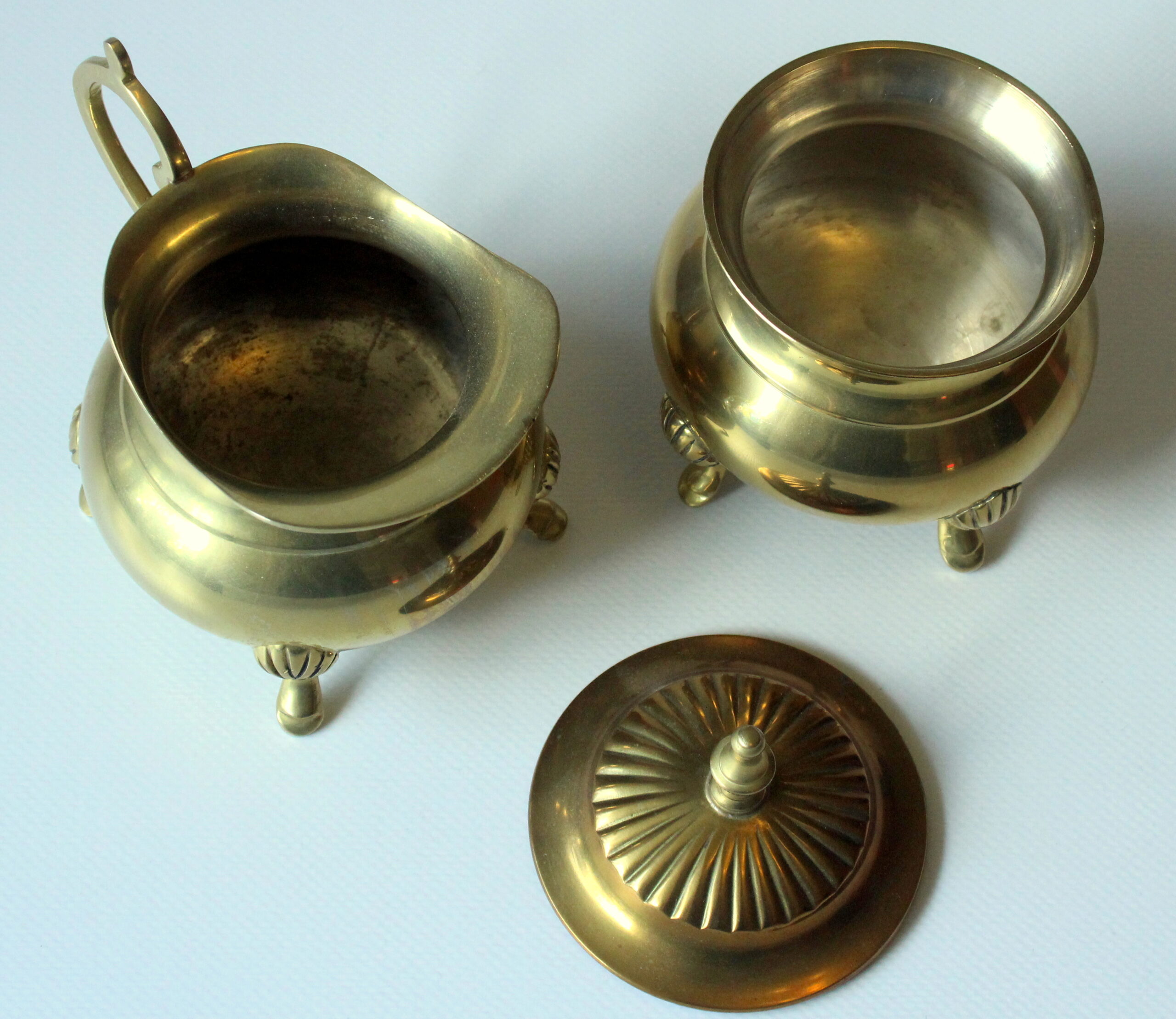 Metal teapot gold plated, inside silver plated, with milk pot and sugar bowl as a set, vintage from the 70s