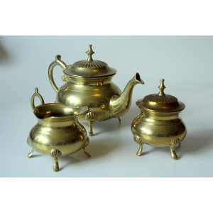 Metal teapot gold plated, inside silver plated, with milk pot and sugar bowl as a set, vintage from the 70s