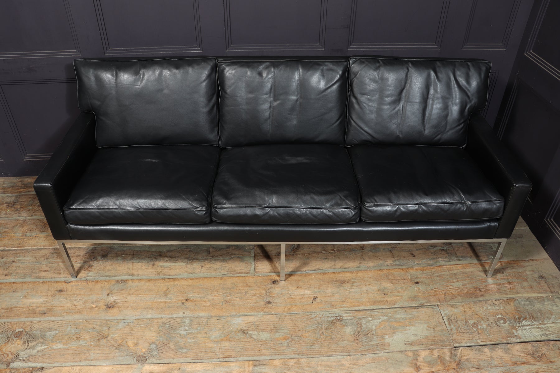 Mid Century Scandinavian Modern Black Leather Sofa