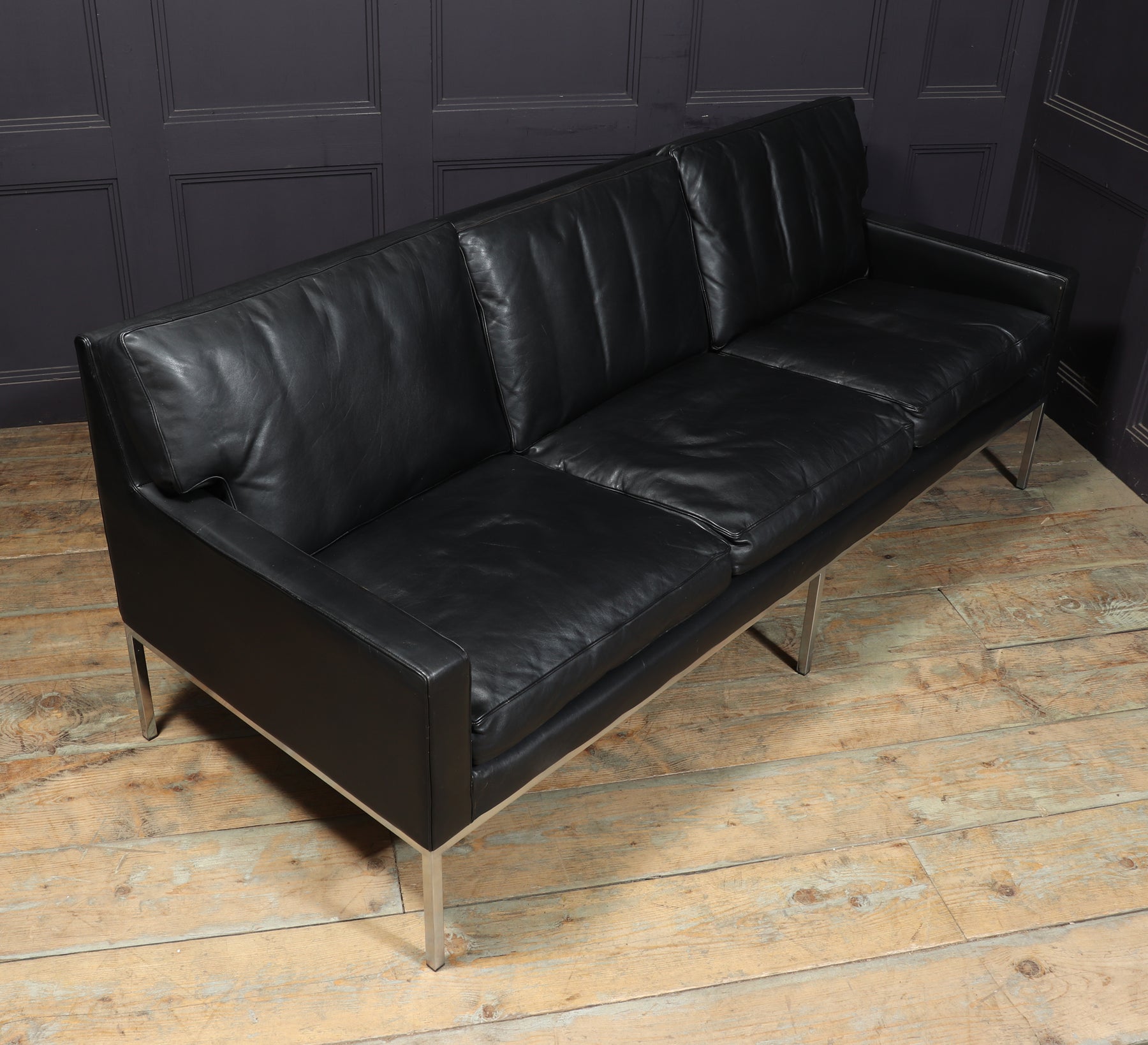Mid Century Scandinavian Modern Black Leather Sofa
