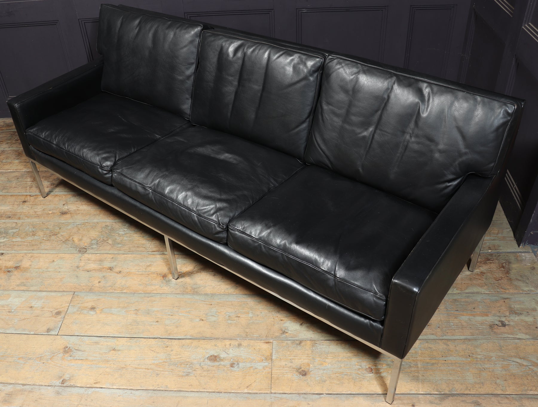 Mid Century Scandinavian Modern Black Leather Sofa