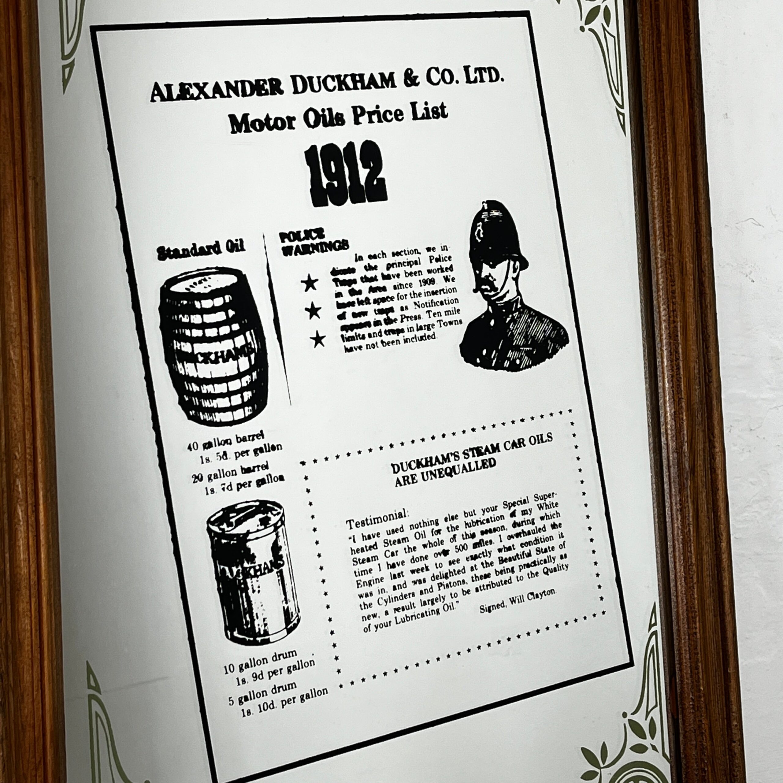 Vintage Pub Advertising Mirror Sign Alexander Duckham And Co Ltd Oil List 1912