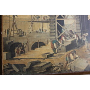 Vintage Abbé Prévost the stonemasons at work oil on paper