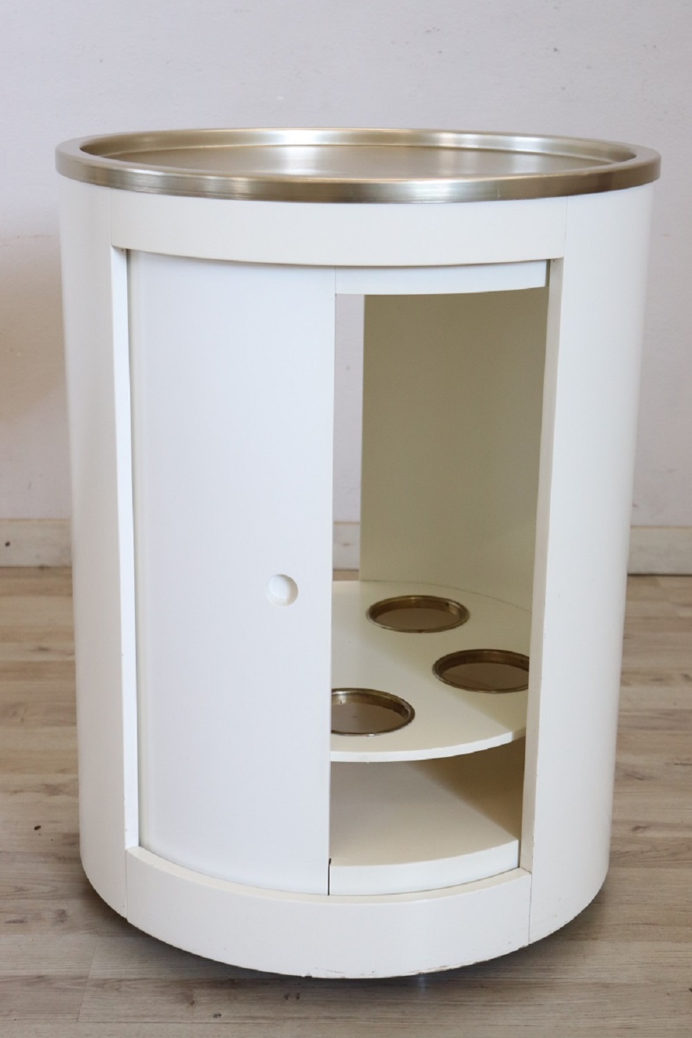 Space Age White Bar Cart on Wheels with Sliding Door, 1960s