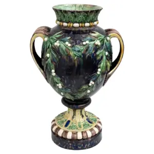 Large 19th century French Majolica Renaissance Palissy Vase with Mistletoe, 1880