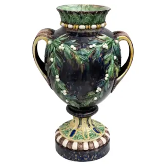 Large 19th century French Majolica Renaissance Palissy Vase with Mistletoe, 1880