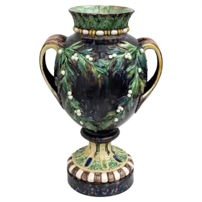 Large 19th century French Majolica Renaissance Palissy Vase with Mistletoe, 1880