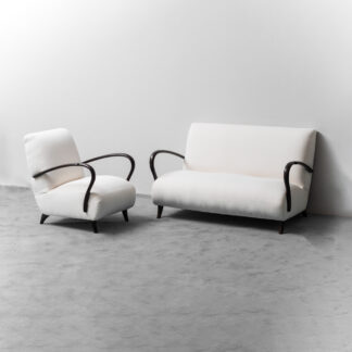 Modern 70s Sofa And Armchair Set In White Wood Fabric