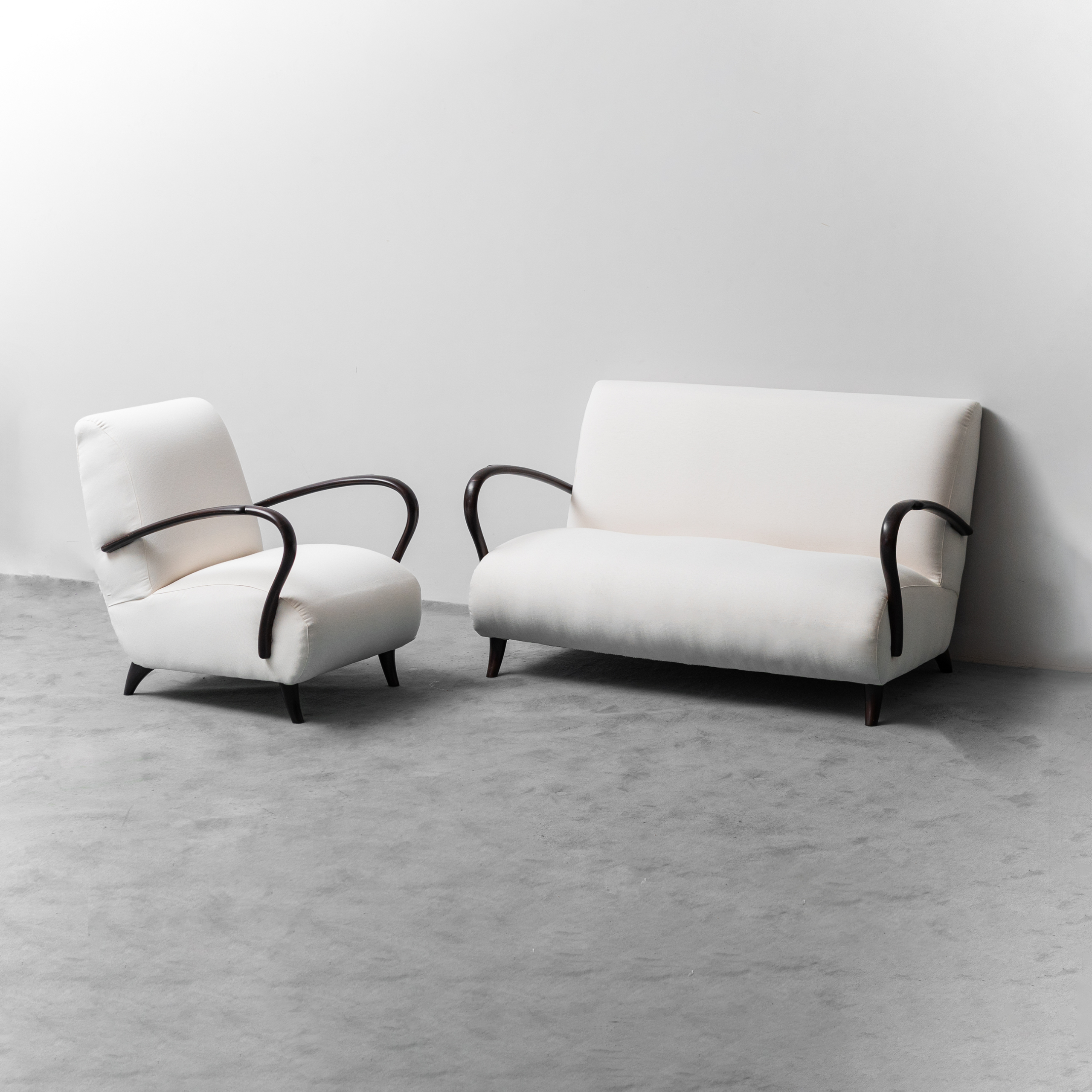Modern 70s Sofa And Armchair Set In White Wood Fabric