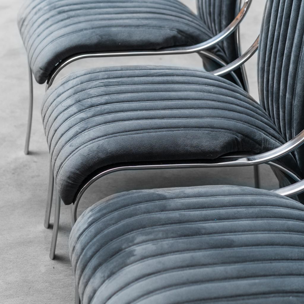 Set 4 Blue Velvet Chairs Metal 1970s Modern Vintage