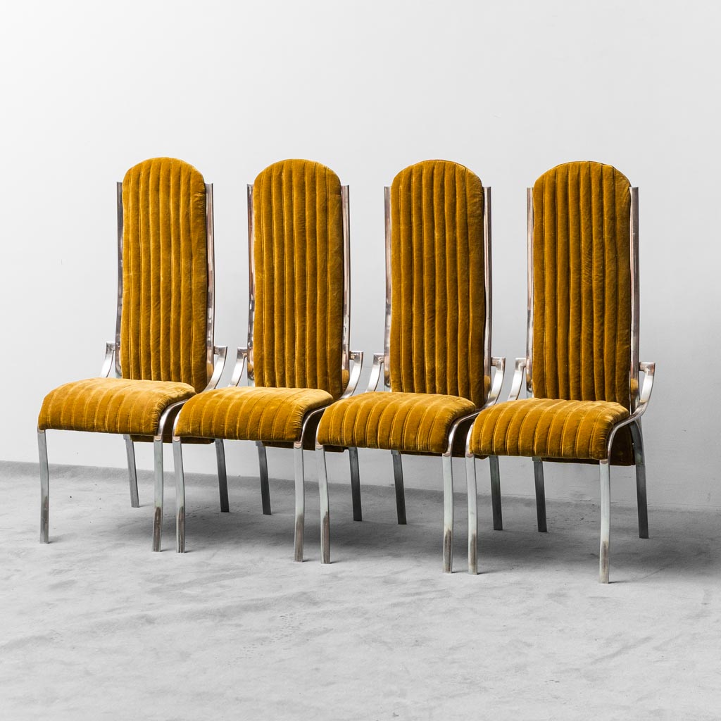 Set 4 Yellow Velvet Chairs Metal 1970s Modern Vintage