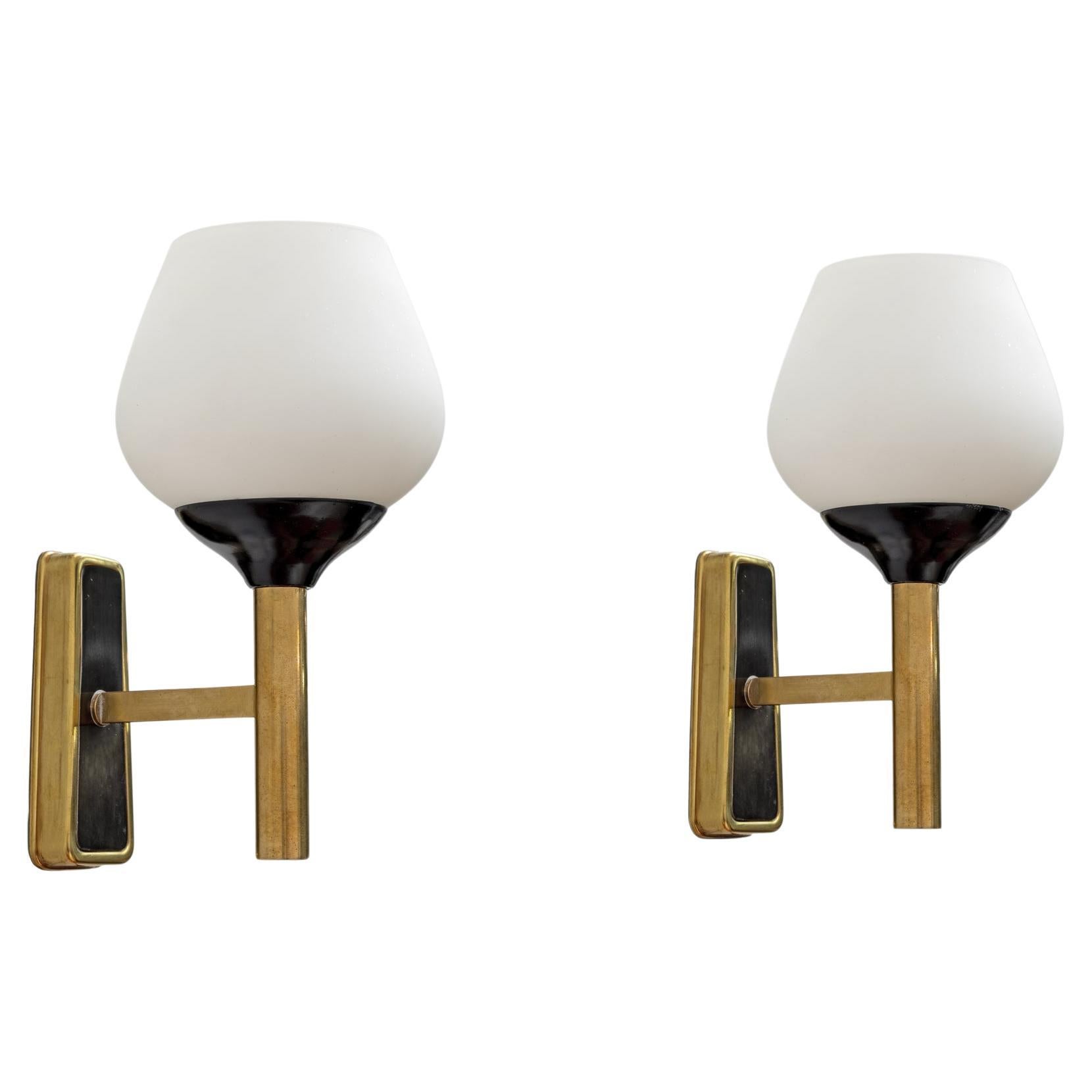 Pair of Mid-century Modern Italian Brass and Opaline Murano Glass Sconces, 1950s