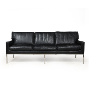 Mid Century Scandinavian Modern Black Leather Sofa