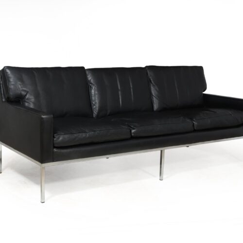 Mid Century Scandinavian Modern Black Leather Sofa