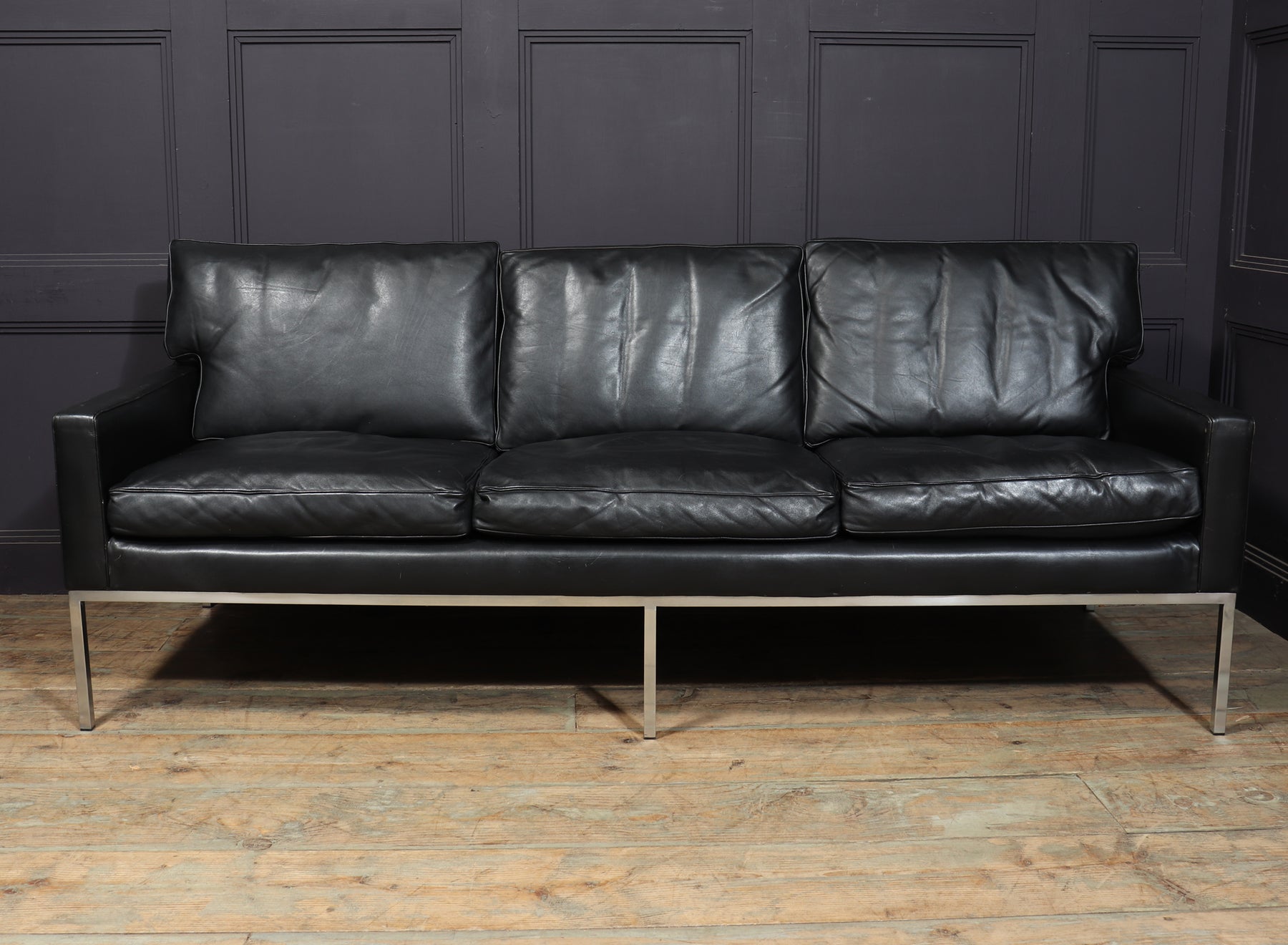 Mid Century Scandinavian Modern Black Leather Sofa