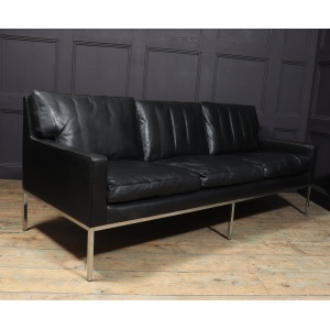 Mid Century Scandinavian Modern Black Leather Sofa