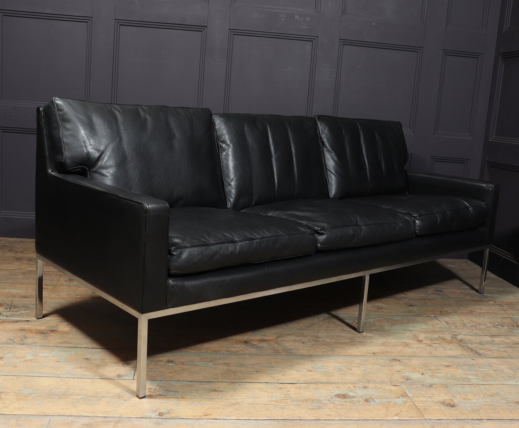 Mid Century Scandinavian Modern Black Leather Sofa
