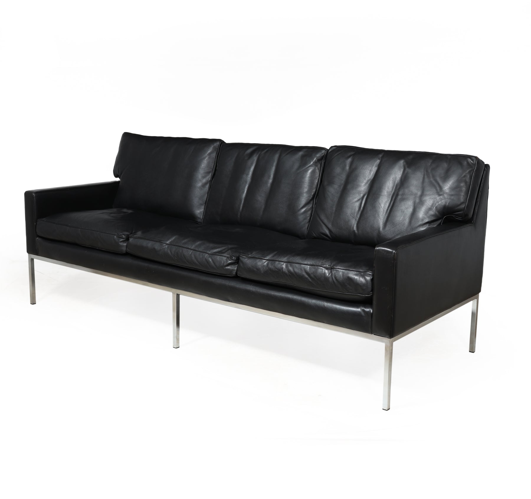 Mid Century Scandinavian Modern Black Leather Sofa