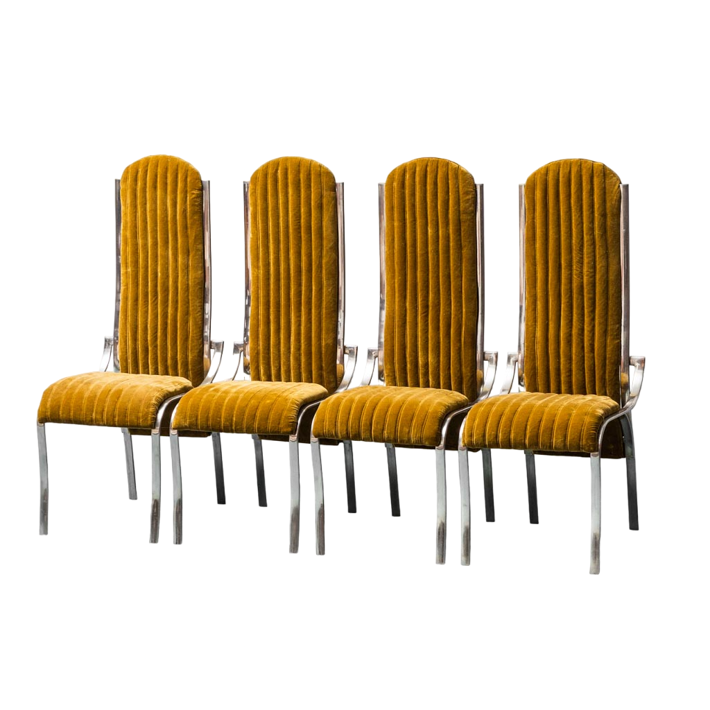 Set 4 Yellow Velvet Chairs Metal 1970s Modern Vintage