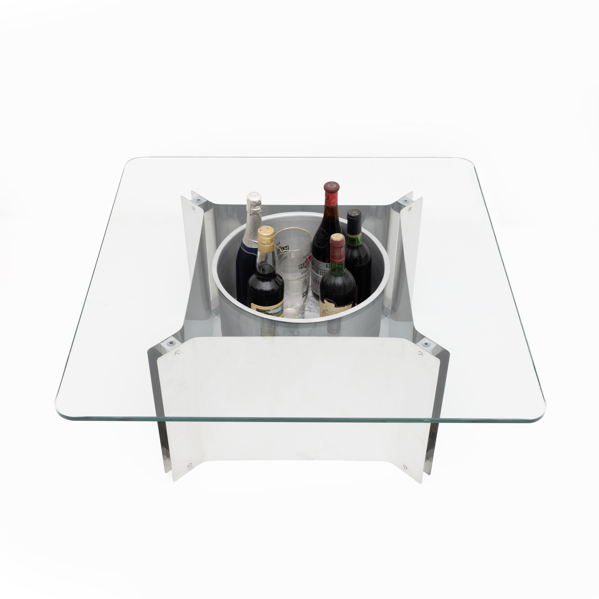Michel Boyer Style Mid-century Modern French Steel and Glass Coffee Table, 1970s