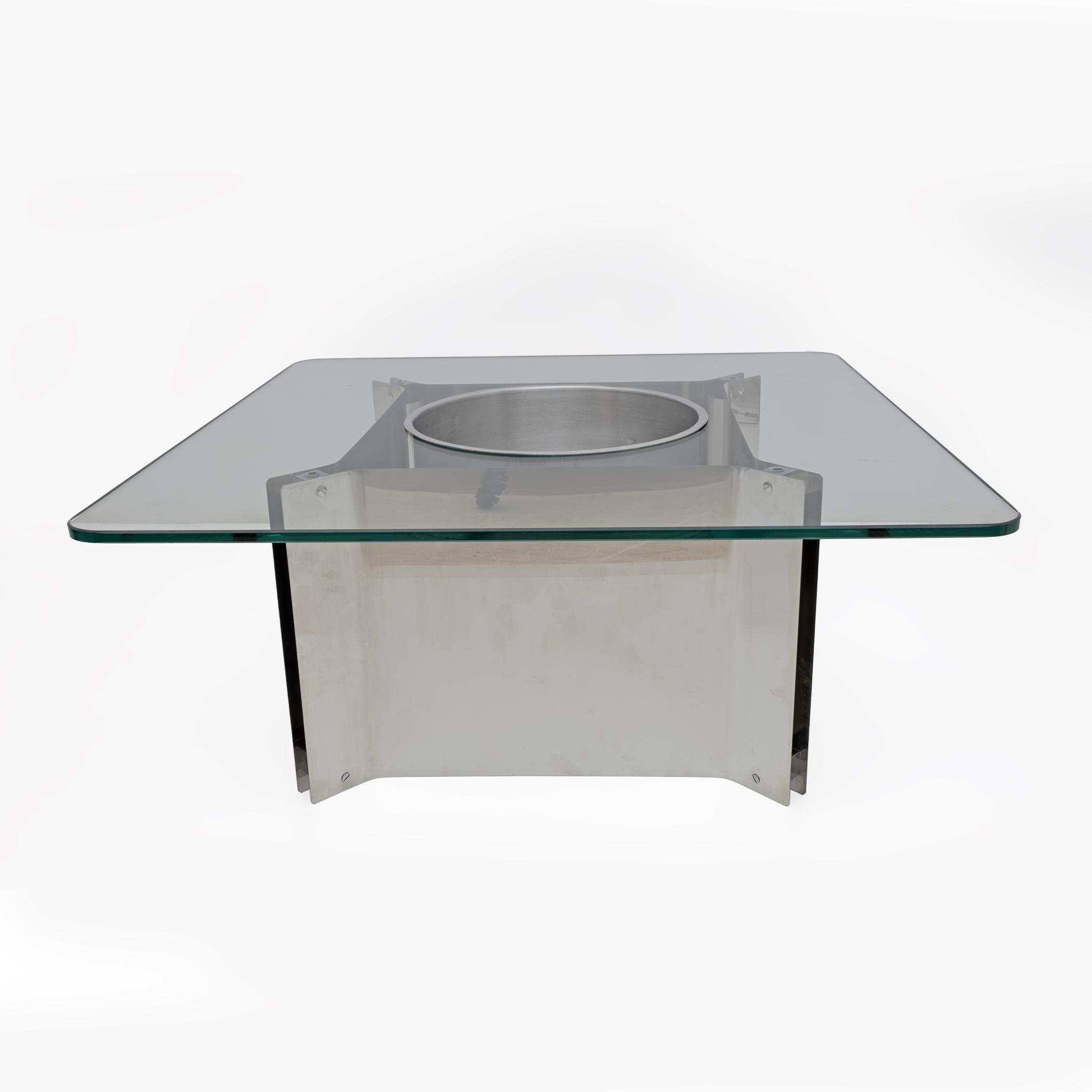 Michel Boyer Style Mid-century Modern French Steel and Glass Coffee Table, 1970s