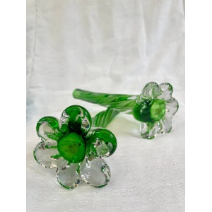A pair of Uranium green French vintage twist stem vases. Art glass flower sleeves, circa 1950.