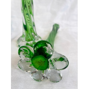 A pair of Uranium green French vintage twist stem vases. Art glass flower sleeves, circa 1950.
