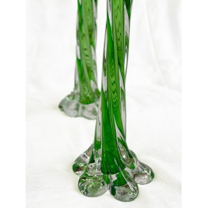 A pair of Uranium green French vintage twist stem vases. Art glass flower sleeves, circa 1950.