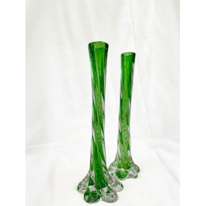 A pair of Uranium green French vintage twist stem vases. Art glass flower sleeves, circa 1950.