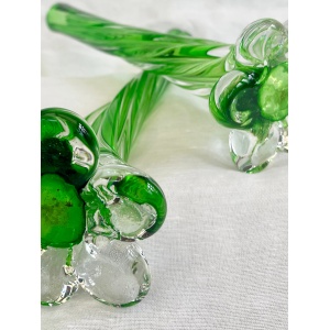 A pair of Uranium green French vintage twist stem vases. Art glass flower sleeves, circa 1950.
