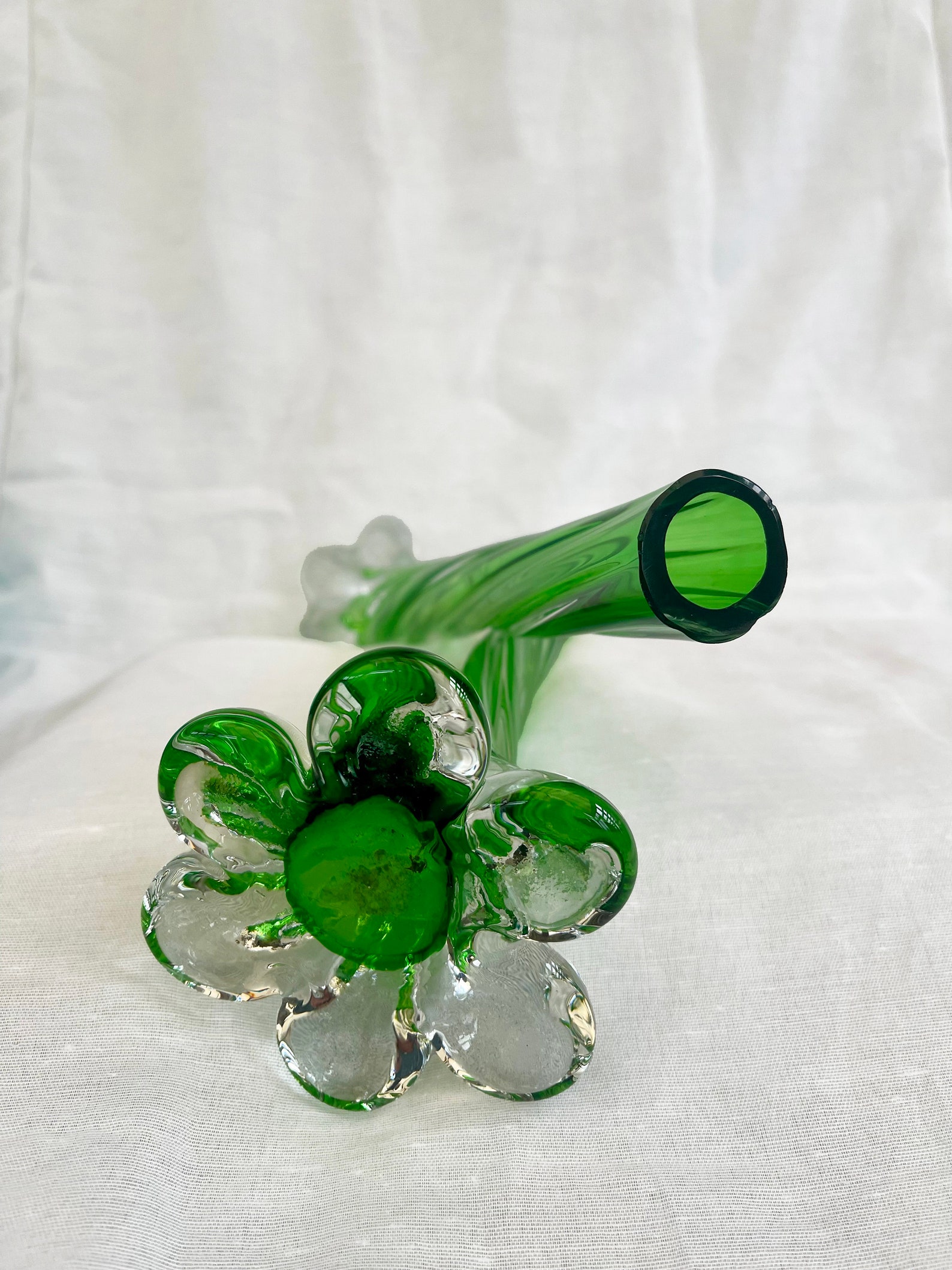 A pair of Uranium green French vintage twist stem vases. Art glass flower sleeves, circa 1950.