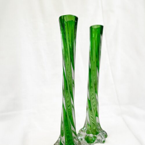 A pair of Uranium green French vintage twist stem vases. Art glass flower sleeves, circa 1950.