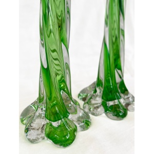 A pair of Uranium green French vintage twist stem vases. Art glass flower sleeves, circa 1950.