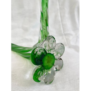 A pair of Uranium green French vintage twist stem vases. Art glass flower sleeves, circa 1950.