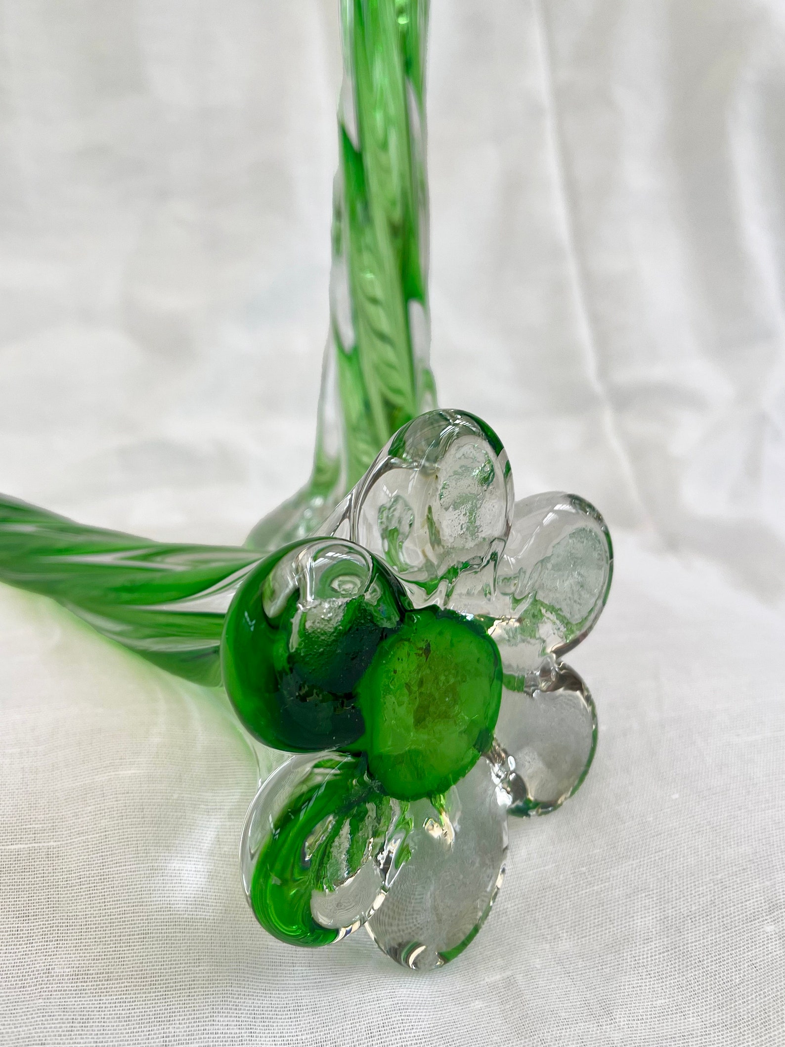 A pair of Uranium green French vintage twist stem vases. Art glass flower sleeves, circa 1950.
