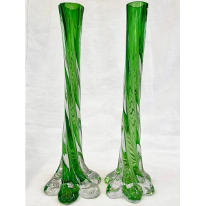 A pair of Uranium green French vintage twist stem vases. Art glass flower sleeves, circa 1950.