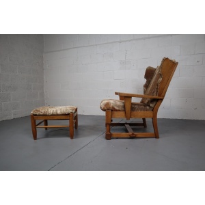 Brutalist Oak Lounge Chair and Ottoman with Upholstery in Goat Hide
