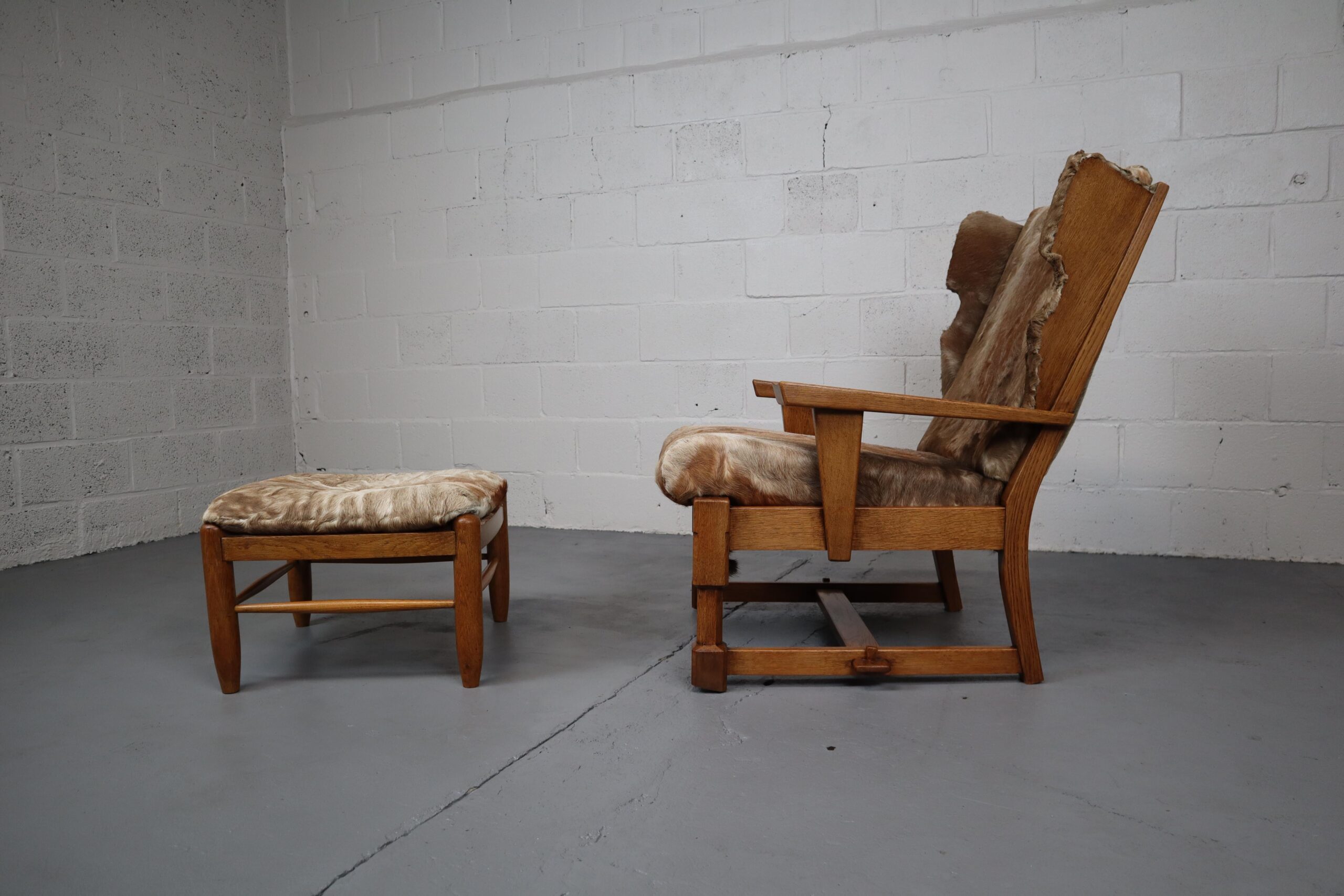 Brutalist Oak Lounge Chair and Ottoman with Upholstery in Goat Hide