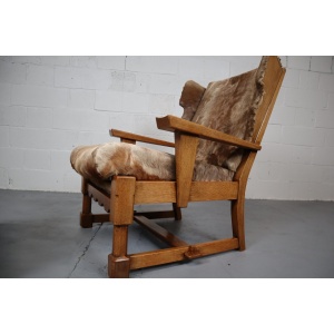 Brutalist Oak Lounge Chair and Ottoman with Upholstery in Goat Hide